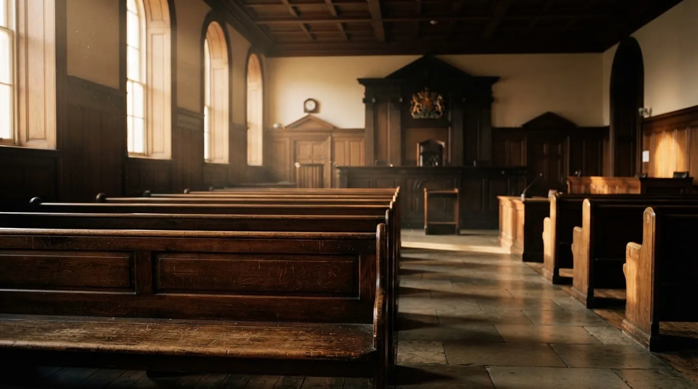 An empty courtroom with wooden benches in morning light