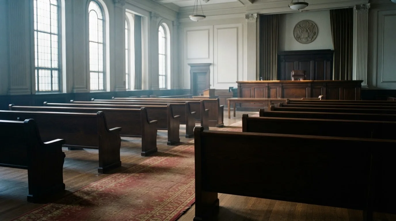 An empty courtroom with wooden benches in morning light