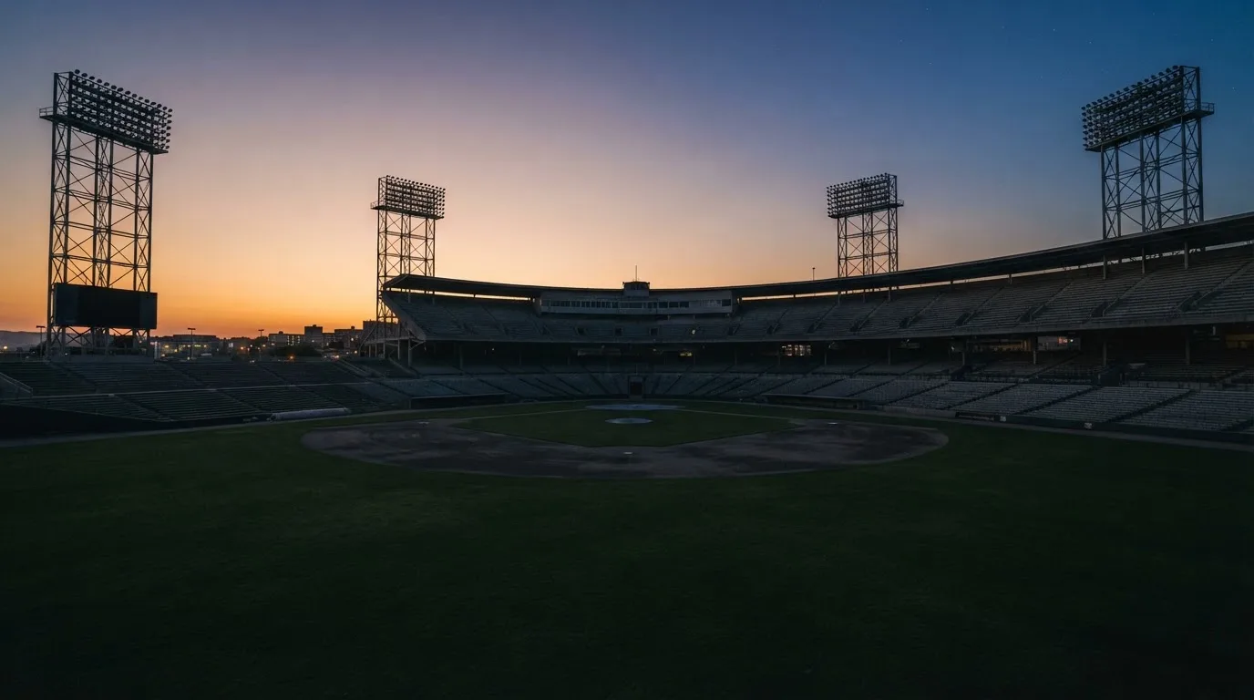 An empty football stadium with floodlight masts at dusk