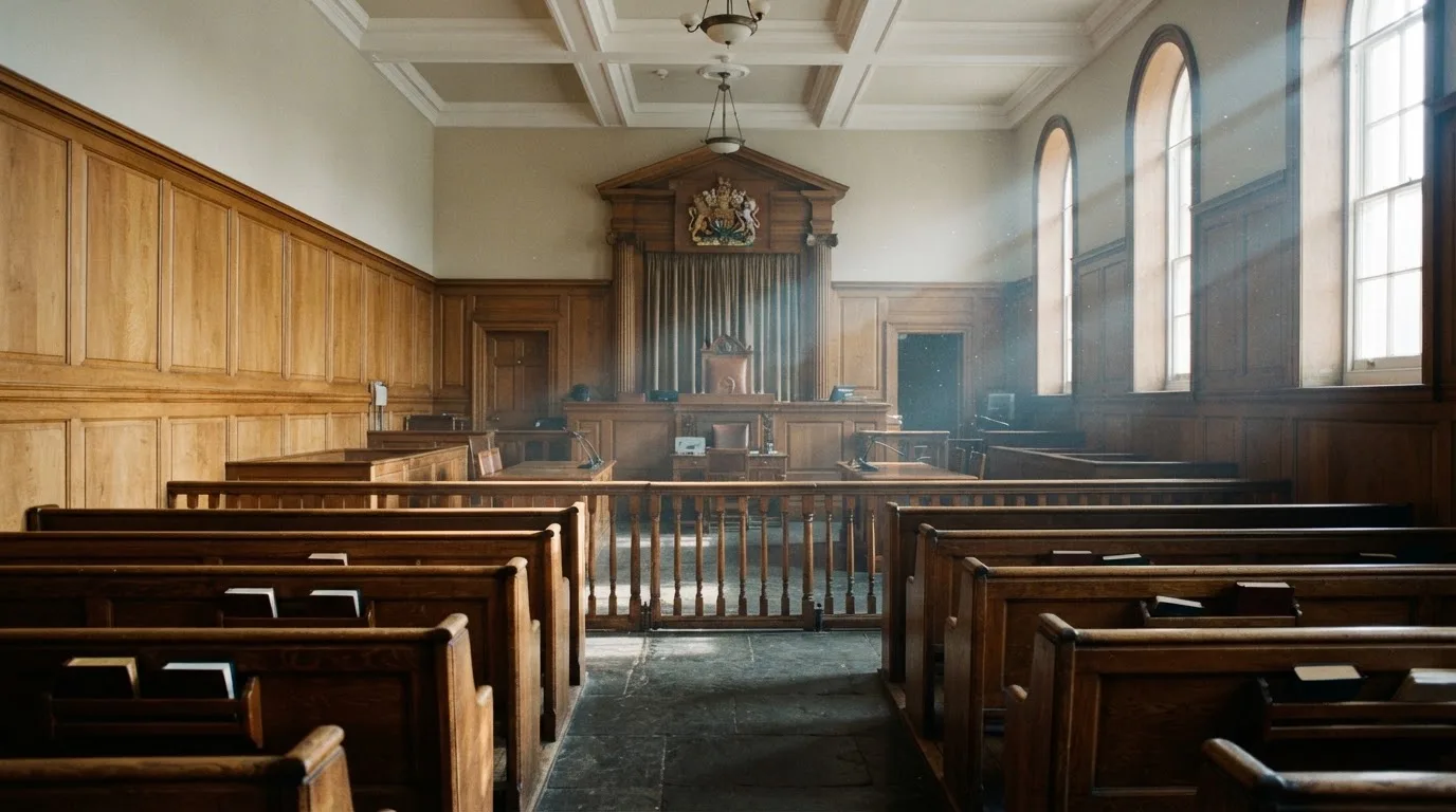 An empty courtroom with wooden benches in morning light