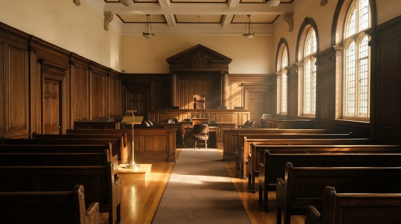 An empty courtroom with wooden benches in morning light