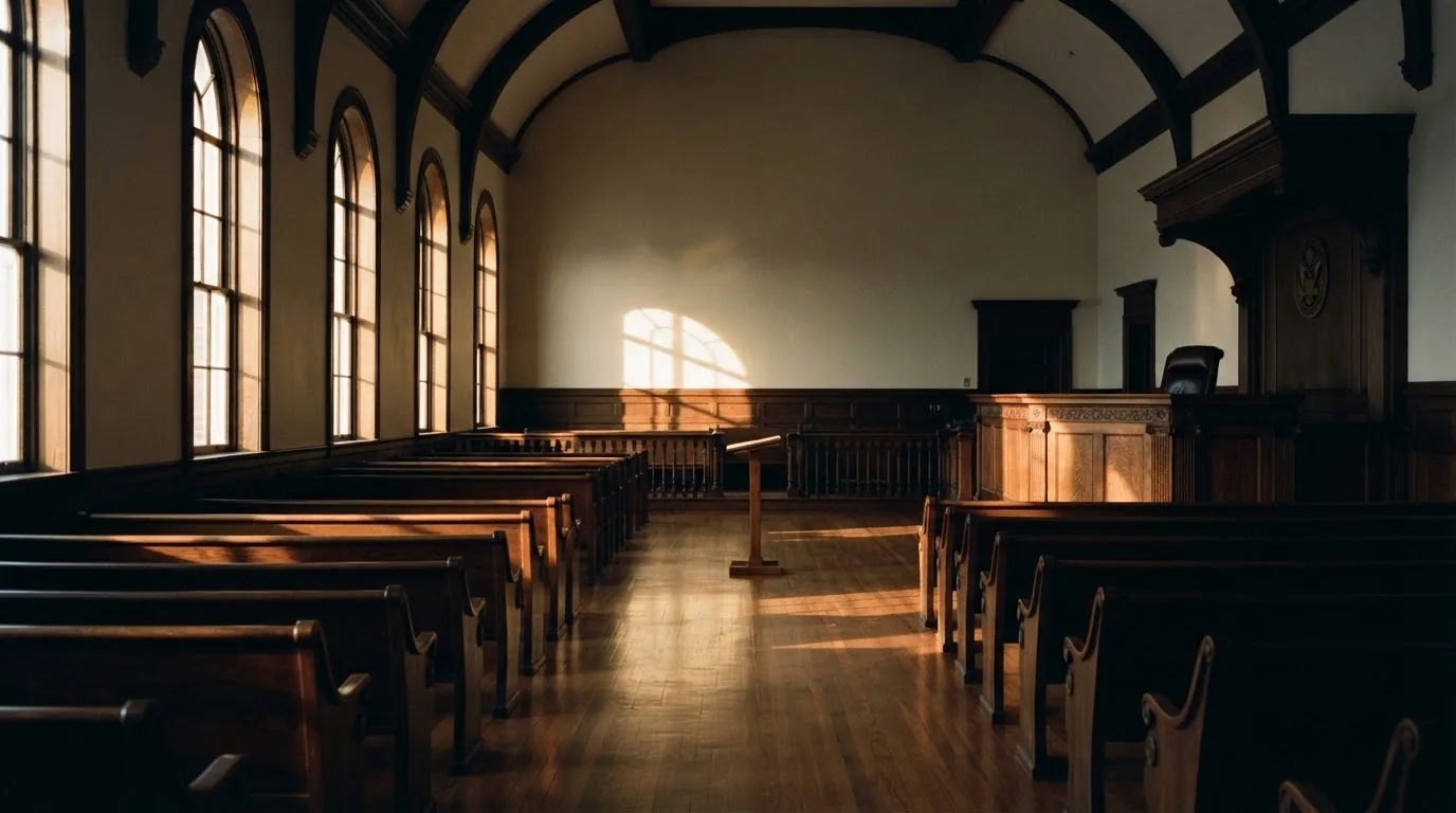 An empty courtroom with wooden benches in morning light