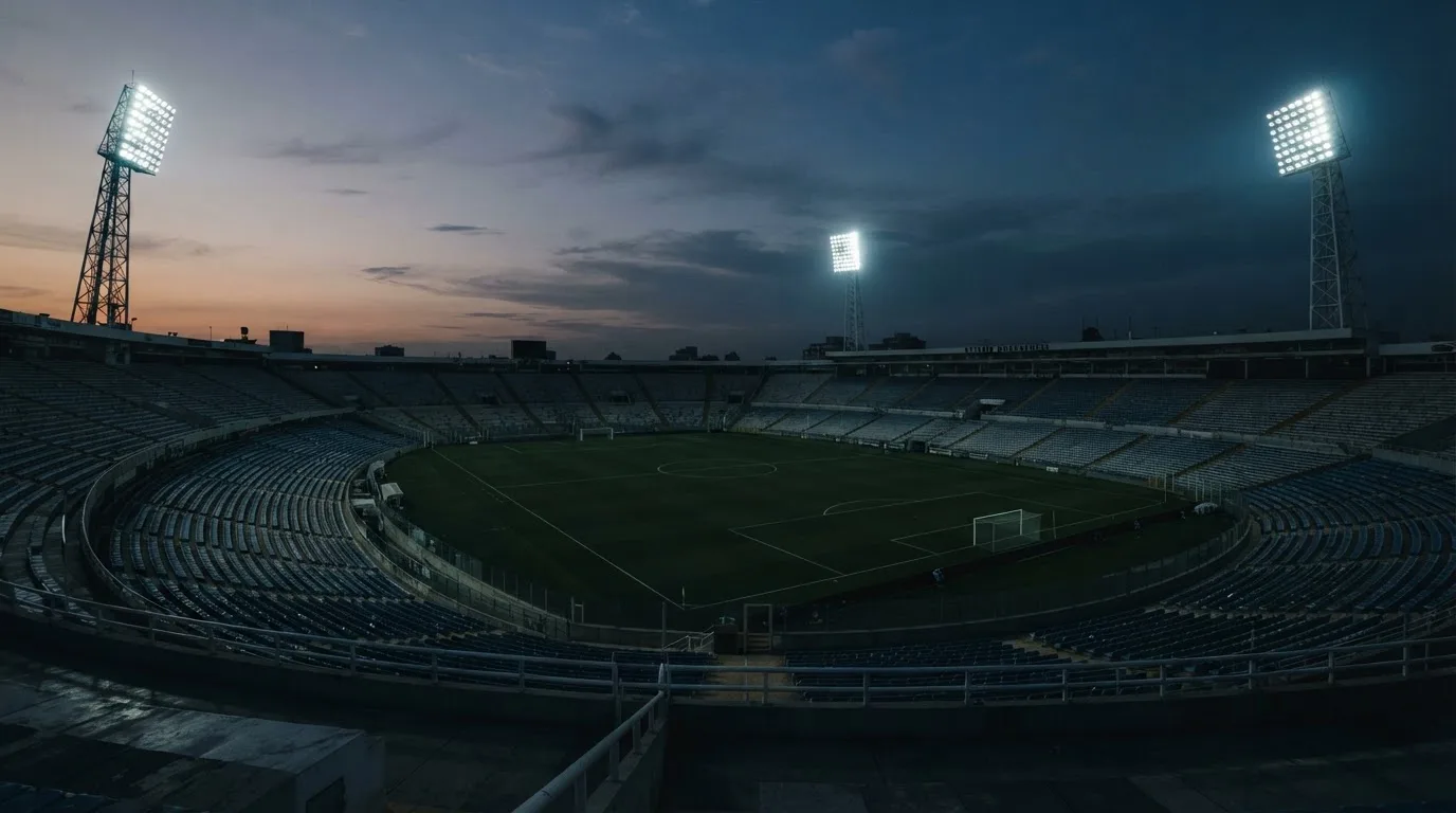 An empty football stadium with floodlight masts at dusk