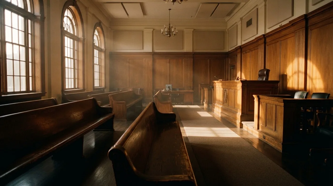 An empty courtroom with wooden benches in morning light