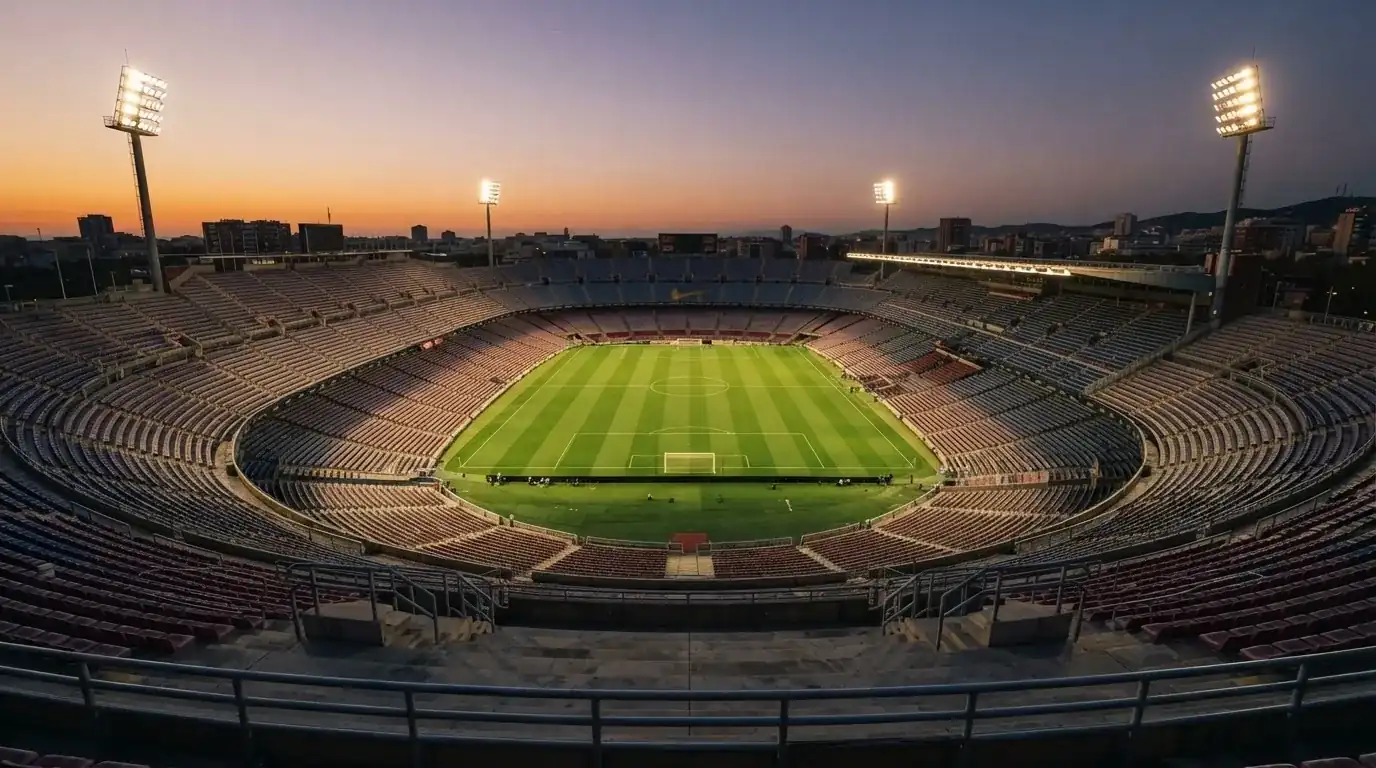 An empty football stadium with floodlight masts at dusk
