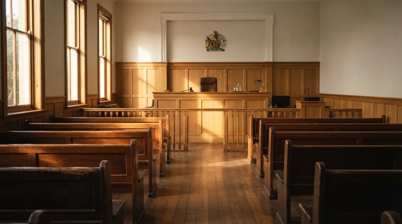 An empty courtroom with wooden benches in morning light