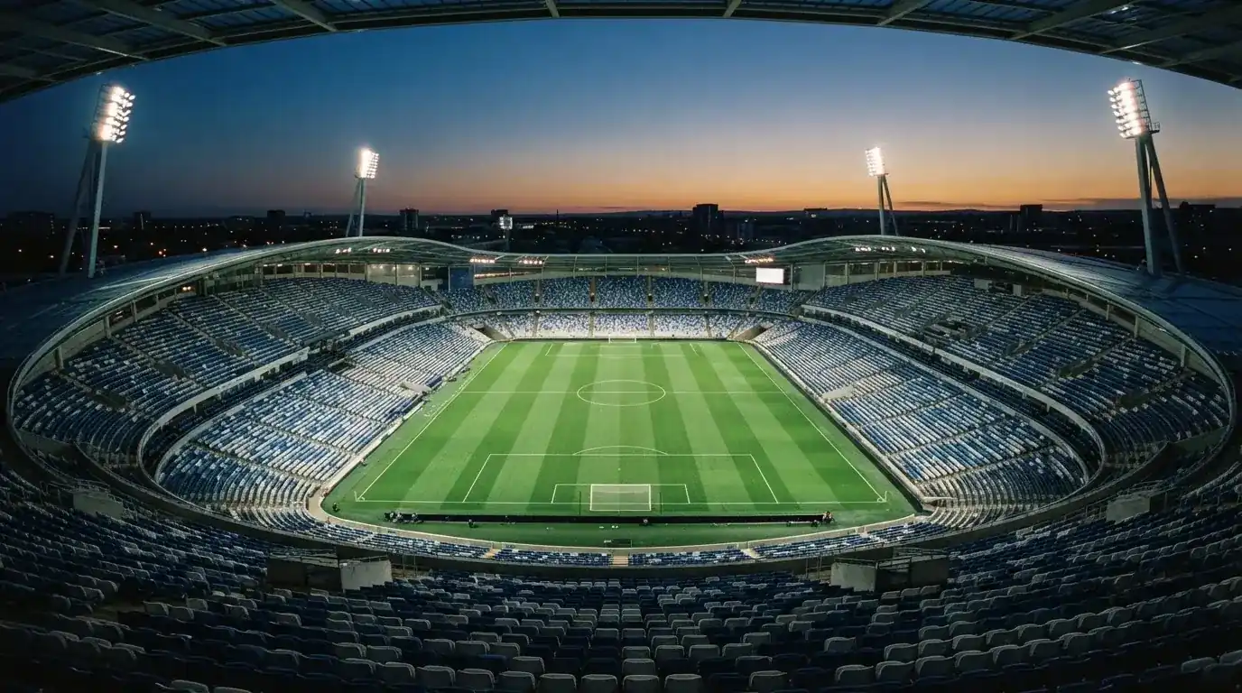 An empty football stadium with floodlight masts at dusk