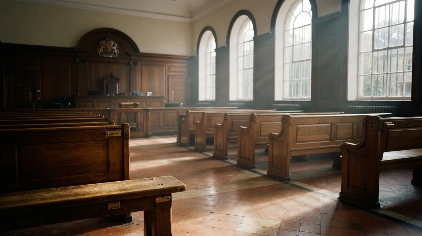 An empty courtroom with wooden benches in morning light