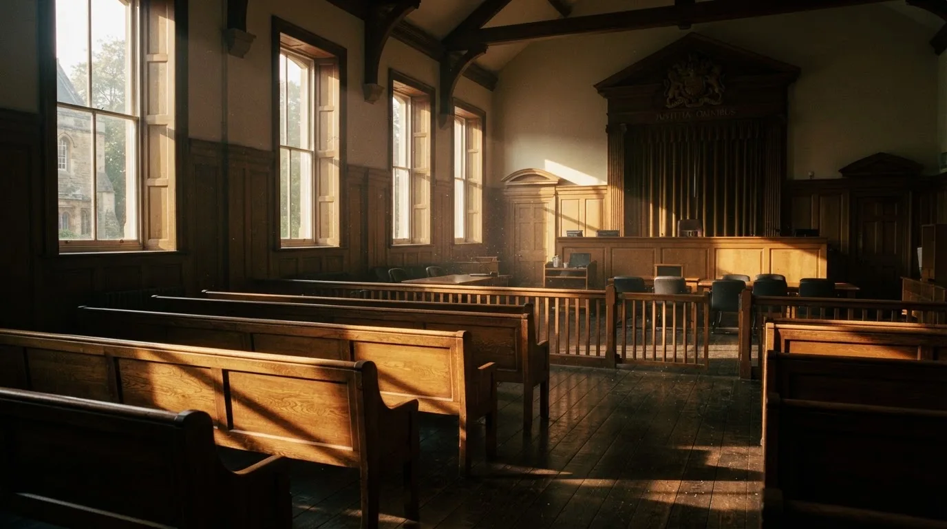An empty courtroom with wooden benches in morning light