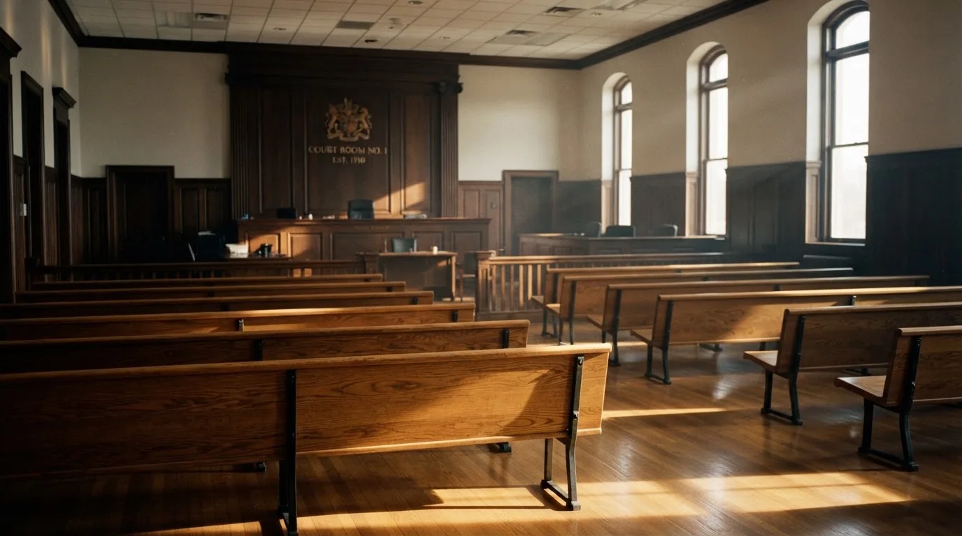 An empty courtroom with wooden benches in morning light