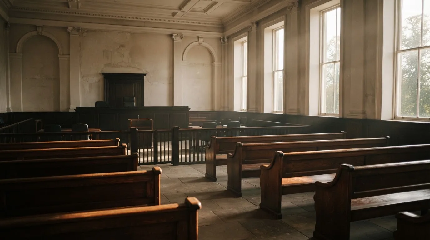 An empty courtroom with wooden benches in morning light