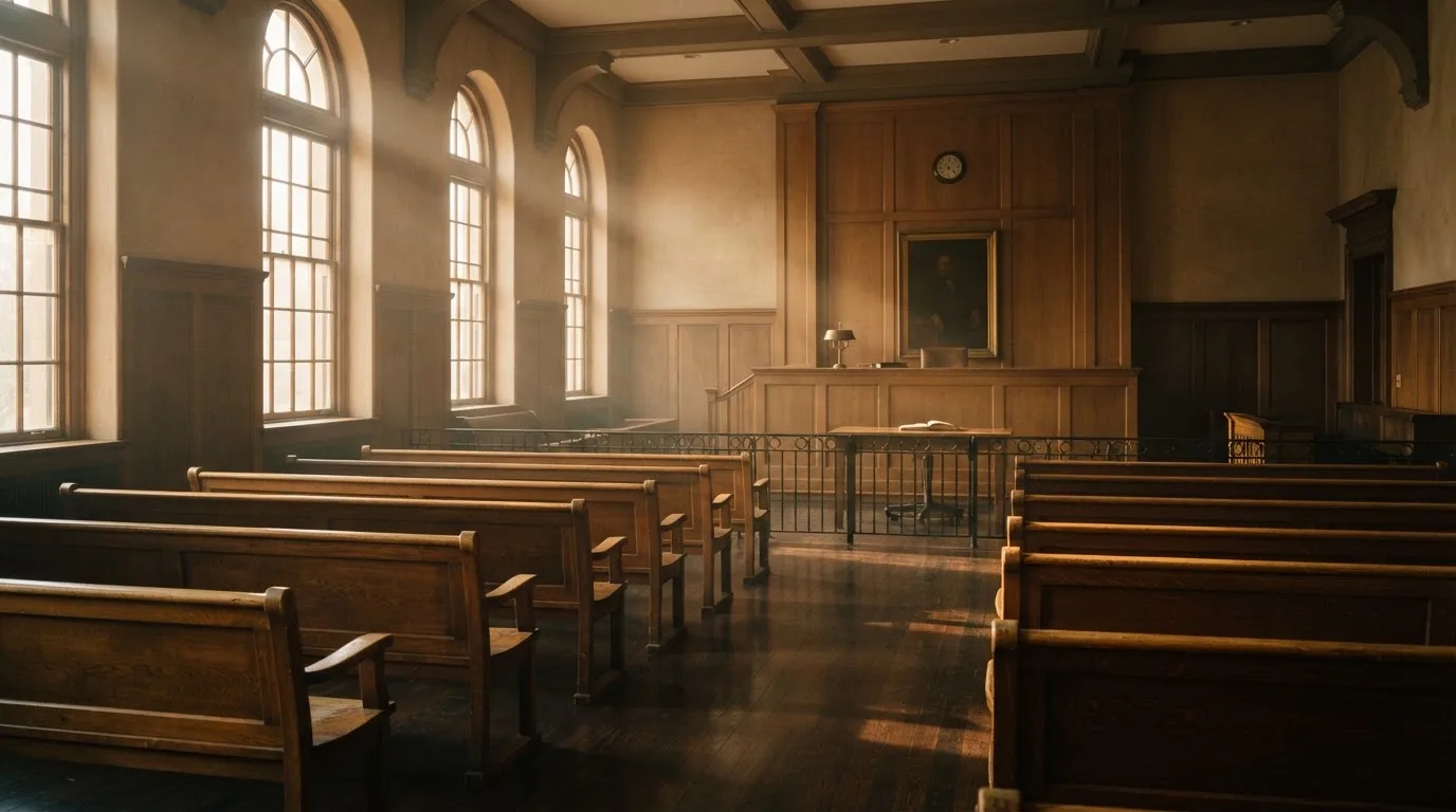 An empty courtroom with wooden benches in morning light