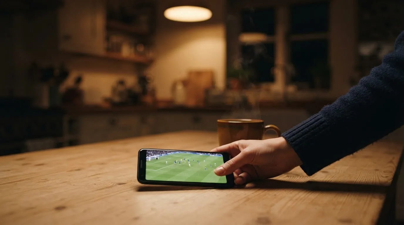 A hand setting a smartphone down beside a cup of tea on a kitchen table on a quiet evening