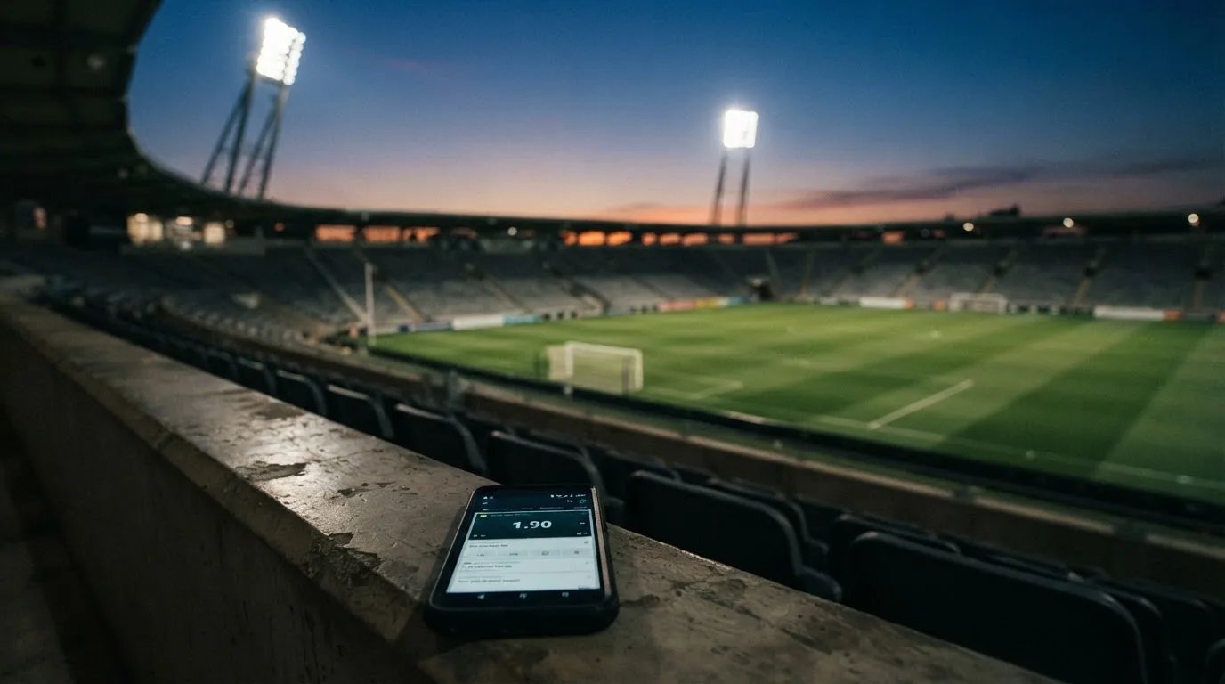 An empty football stadium with floodlight masts at dusk