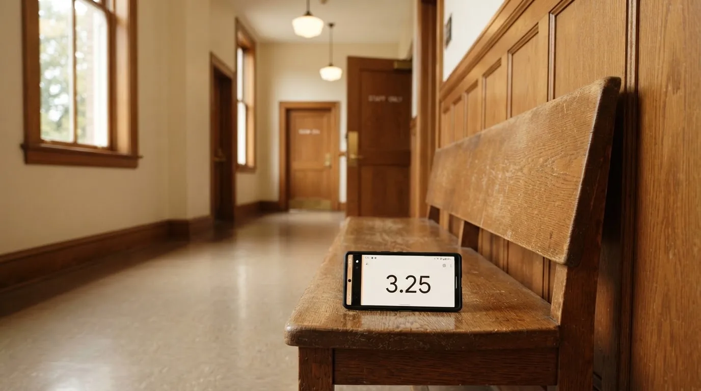 An empty courtroom with wooden benches in morning light