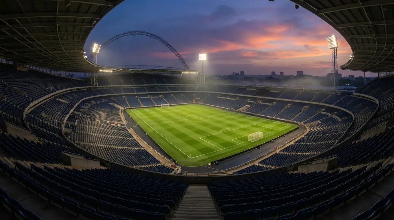 An empty football stadium with floodlight masts at dusk