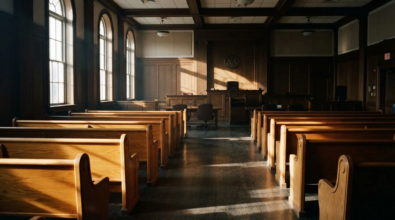 An empty courtroom with wooden benches in morning light