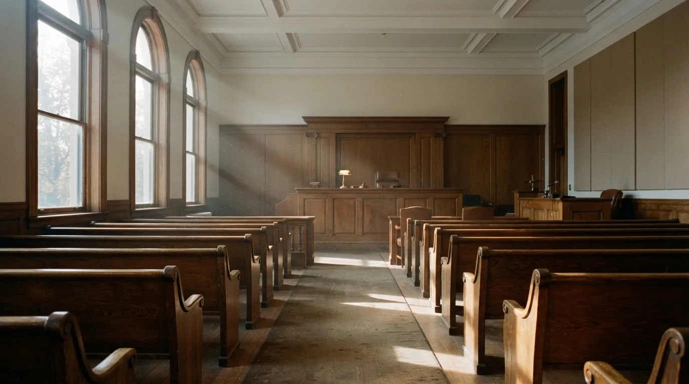 An empty courtroom with wooden benches in morning light