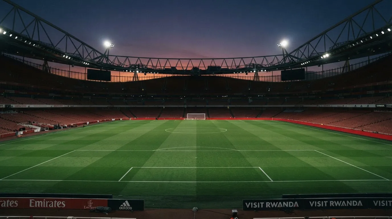 An empty football stadium with floodlight masts at dusk