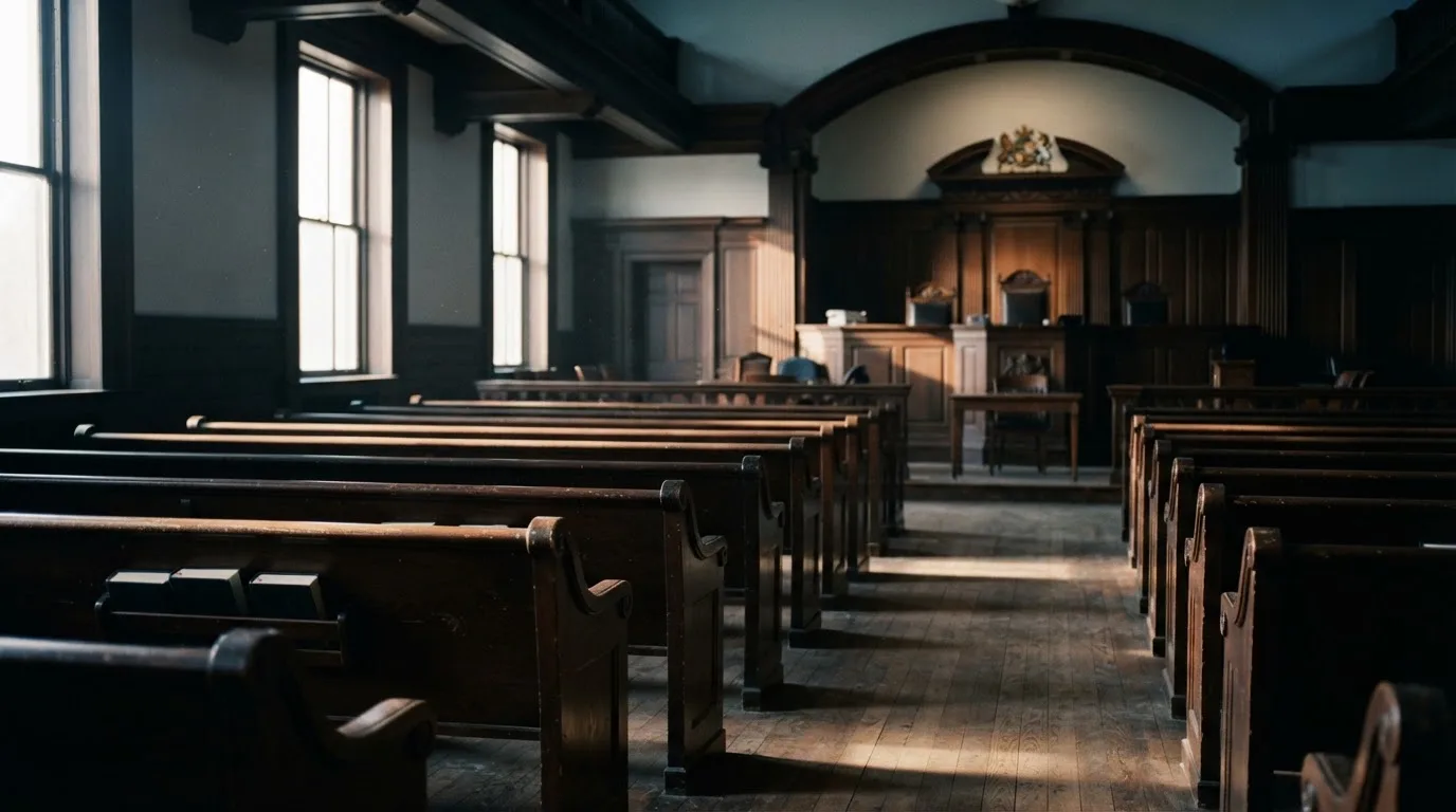 An empty courtroom with wooden benches in morning light
