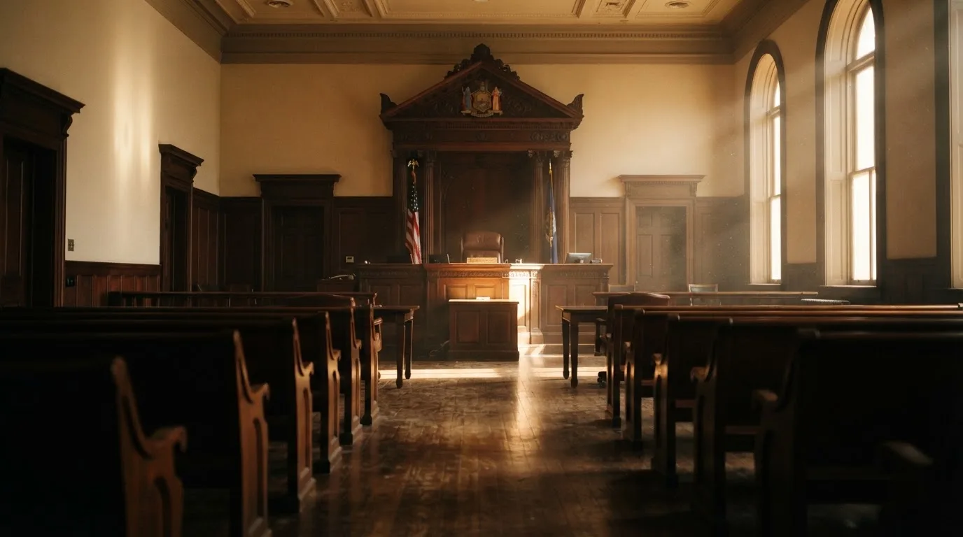An empty courtroom with wooden benches in morning light