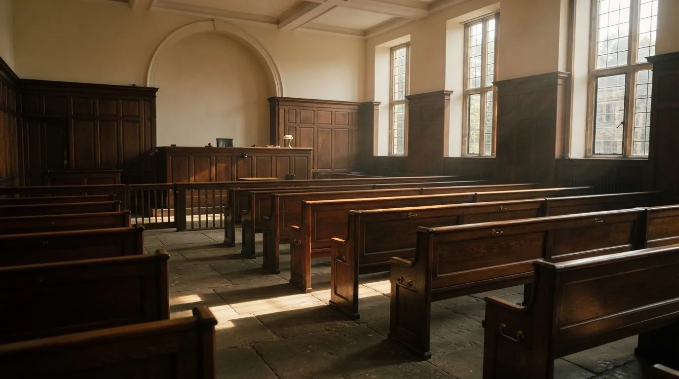 An empty courtroom with wooden benches in morning light