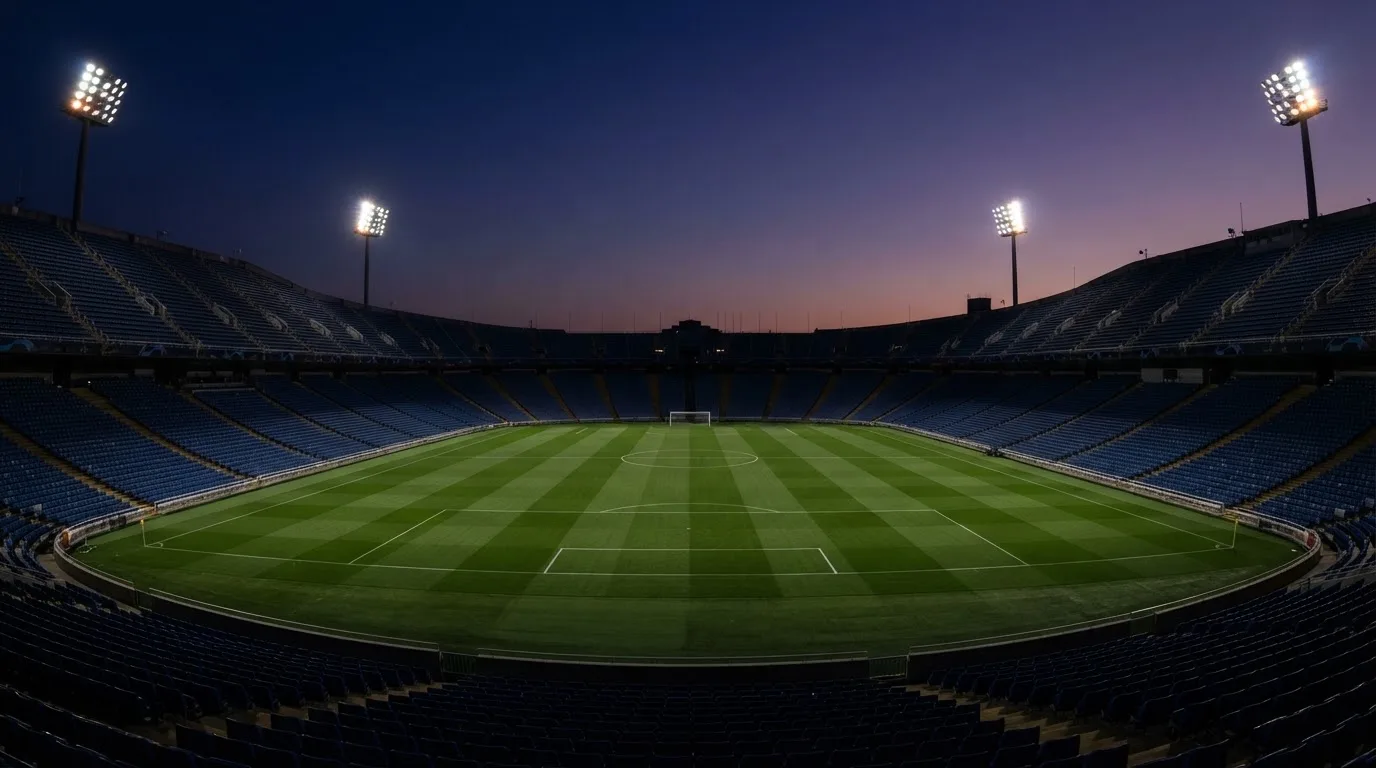 An empty football stadium with floodlight masts at dusk