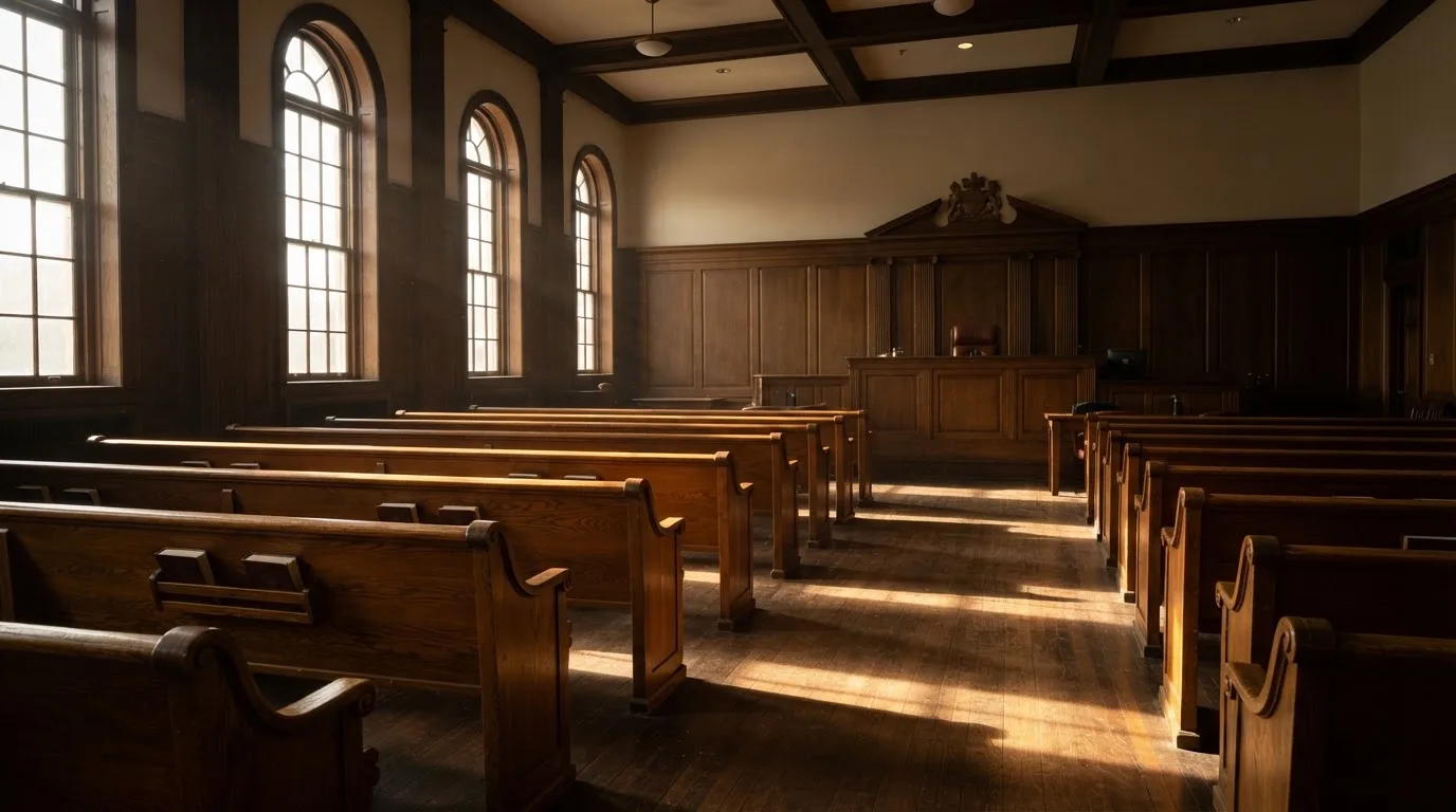An empty courtroom with wooden benches in morning light