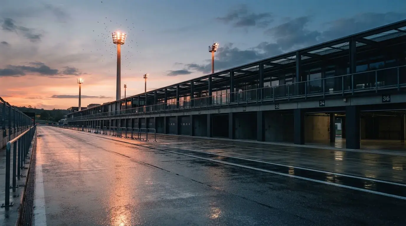 An empty football stadium with floodlight masts at dusk