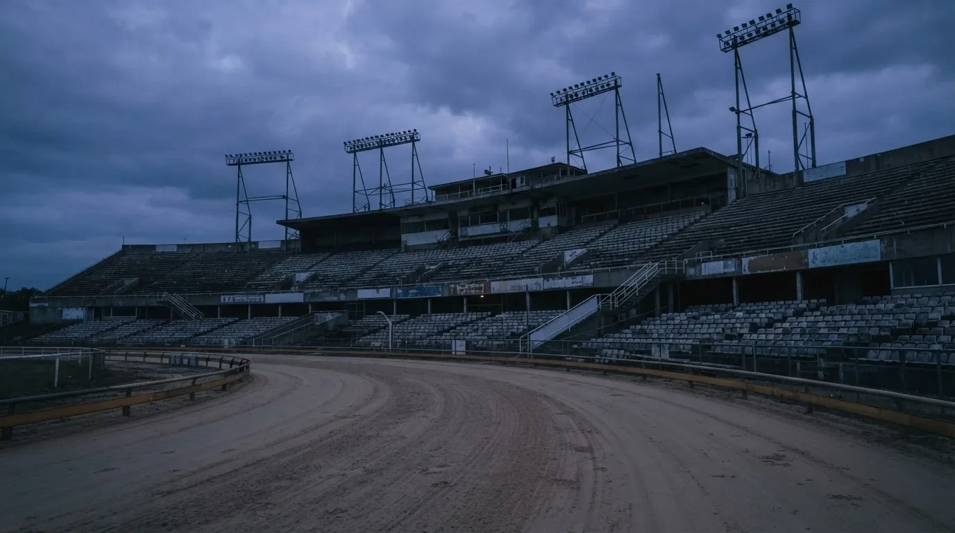 An empty football stadium with floodlight masts at dusk