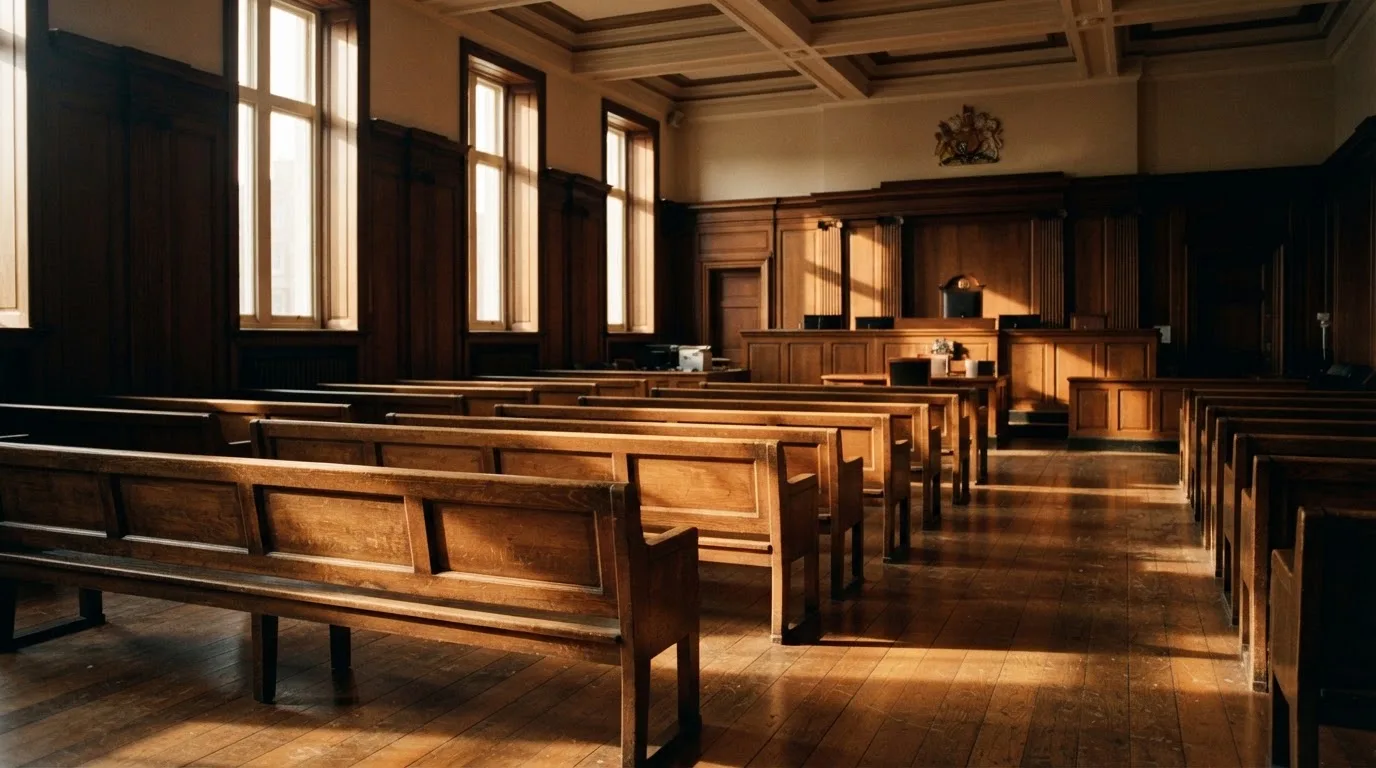 An empty courtroom with wooden benches in morning light