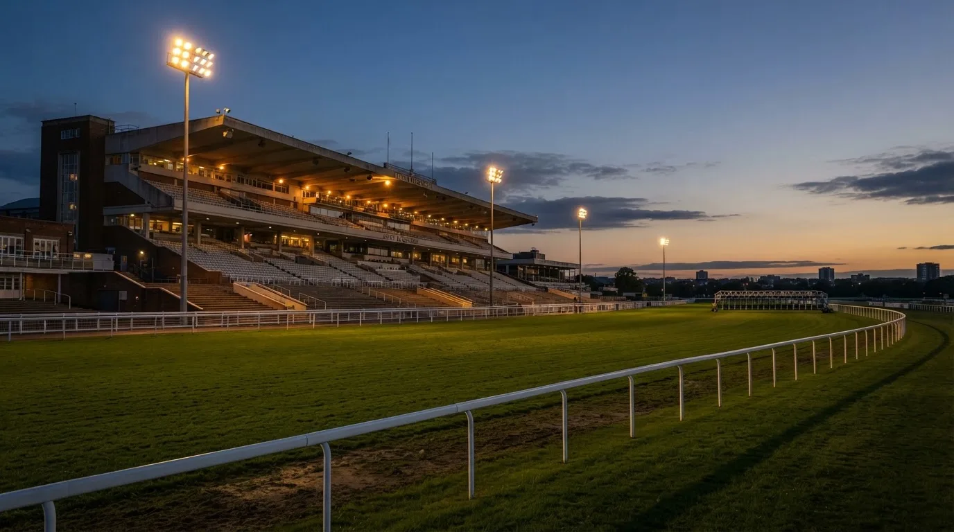 An empty football stadium with floodlight masts at dusk