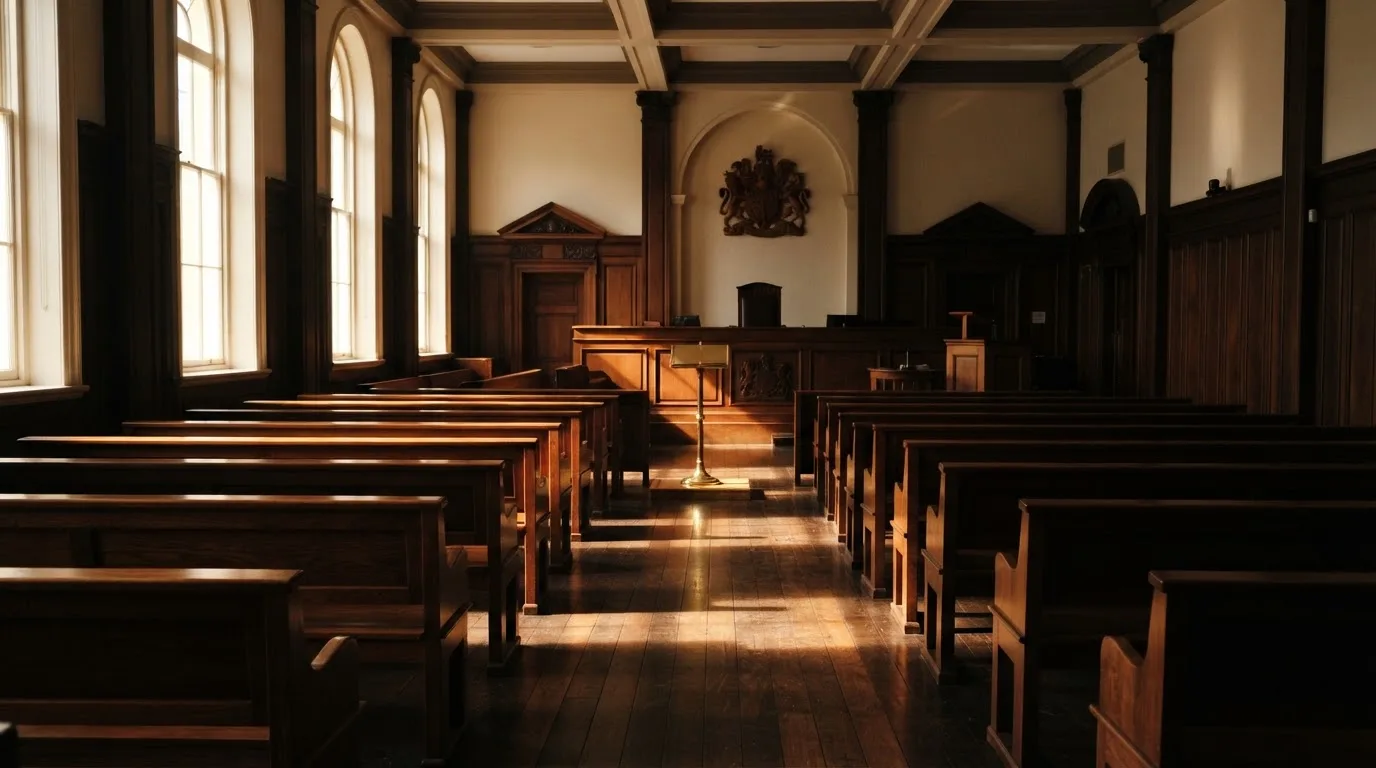 An empty courtroom with wooden benches in morning light