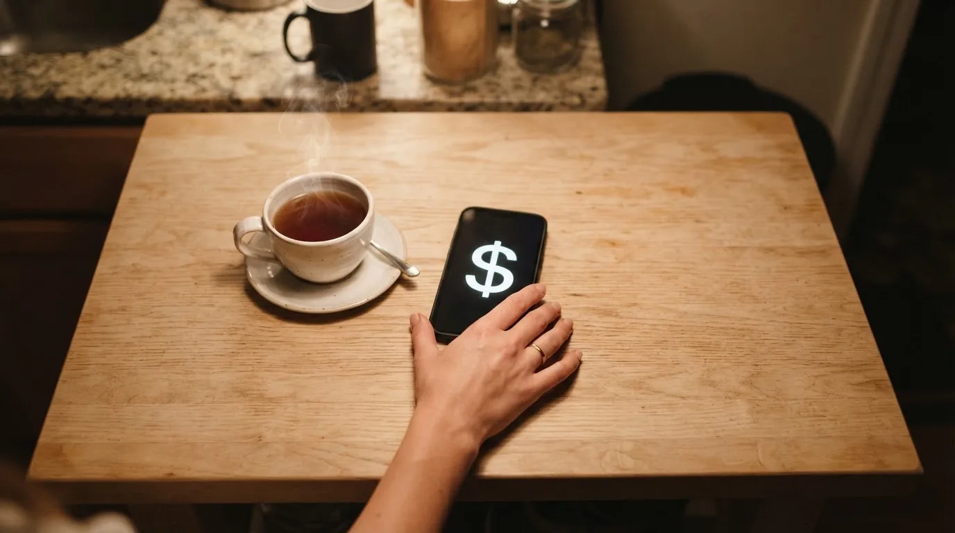 A hand setting a smartphone down beside a cup of tea on a kitchen table on a quiet evening