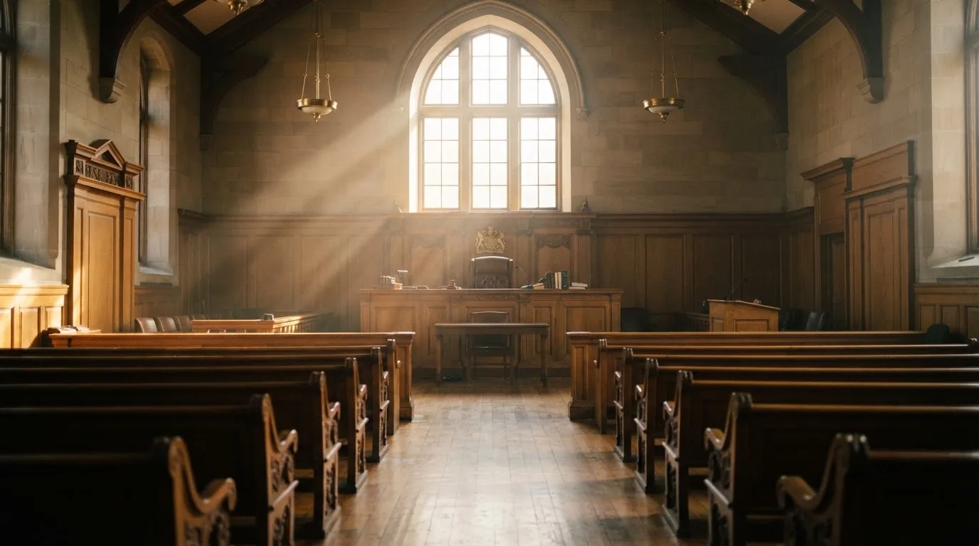 An empty courtroom with wooden benches in morning light