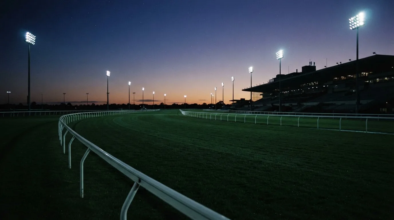 An empty football stadium with floodlight masts at dusk