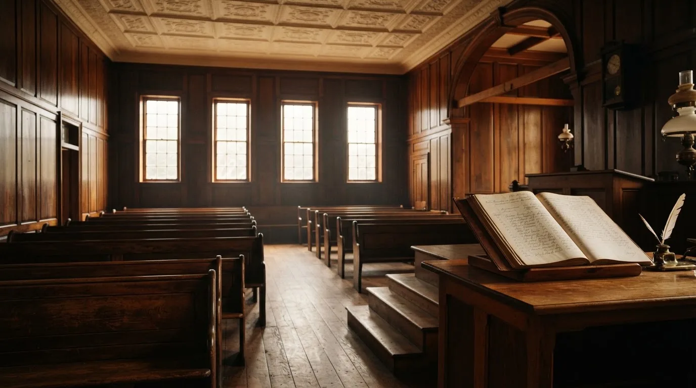 An empty courtroom with wooden benches in morning light