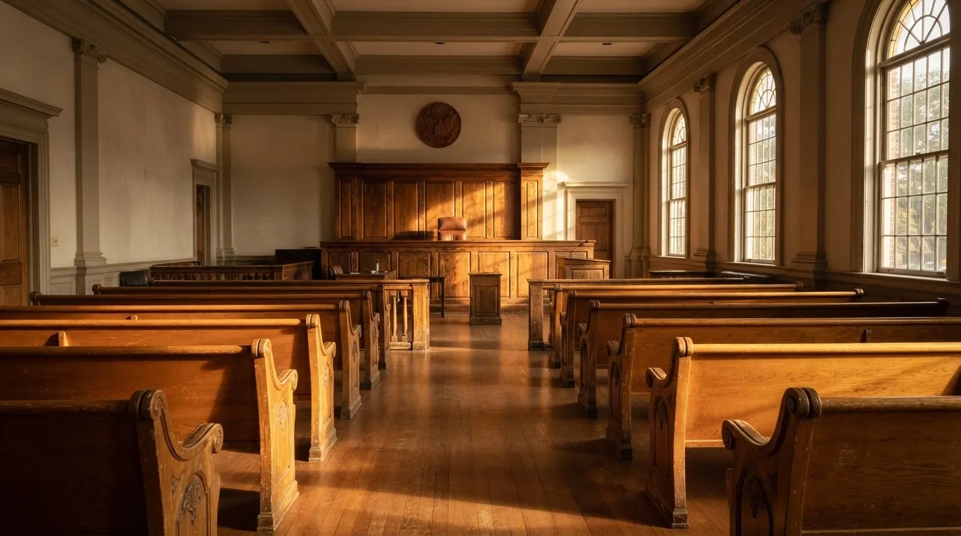 An empty courtroom with wooden benches in morning light