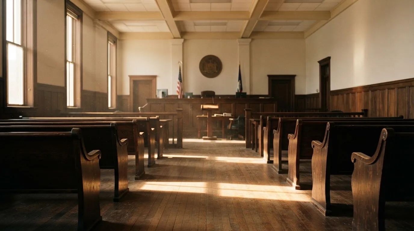 An empty courtroom with wooden benches in morning light