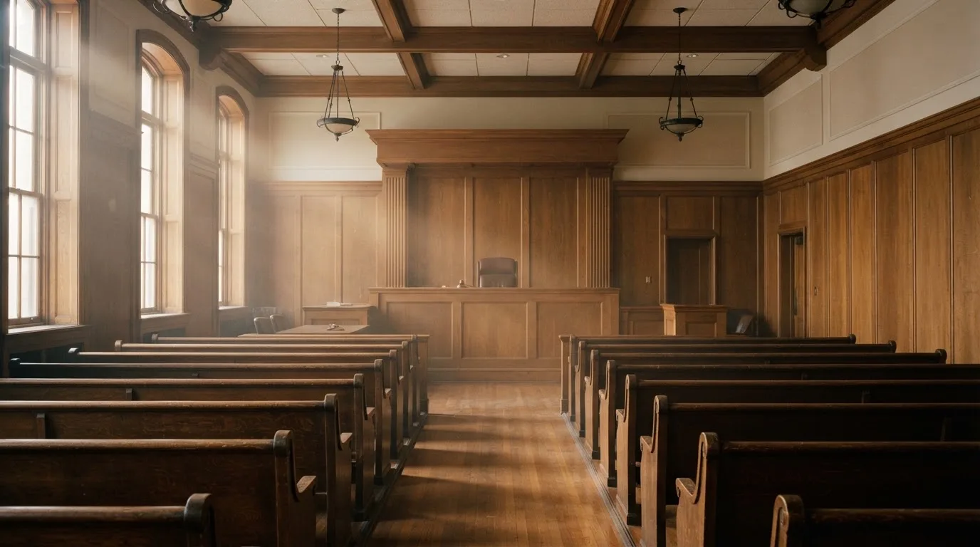 An empty courtroom with wooden benches in morning light