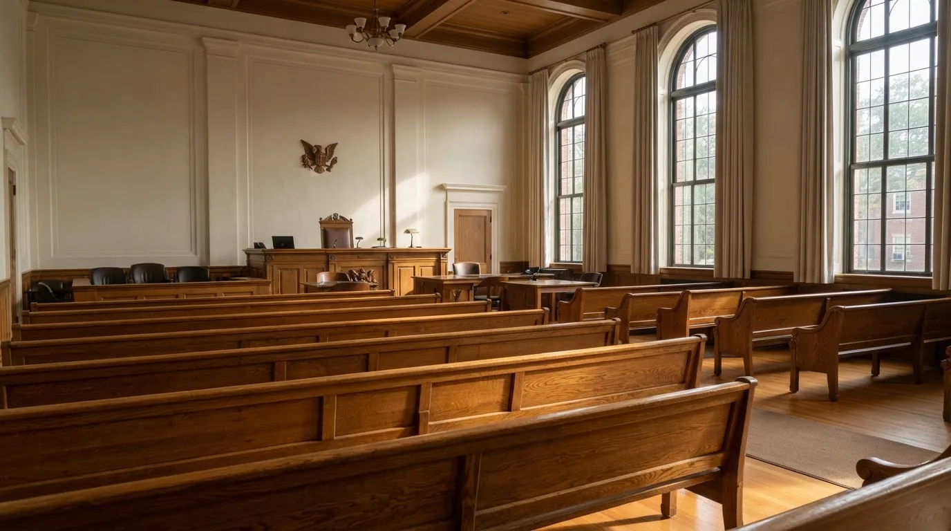 An empty courtroom with wooden benches in morning light