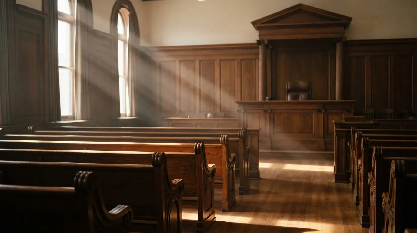An empty courtroom with wooden benches in morning light