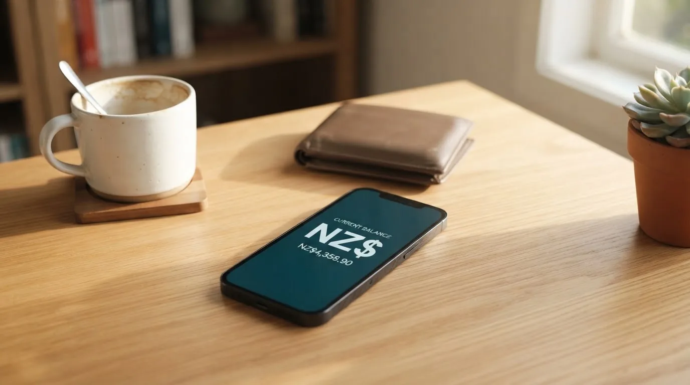 A smartphone on a wooden table beside a wallet and a coffee cup
