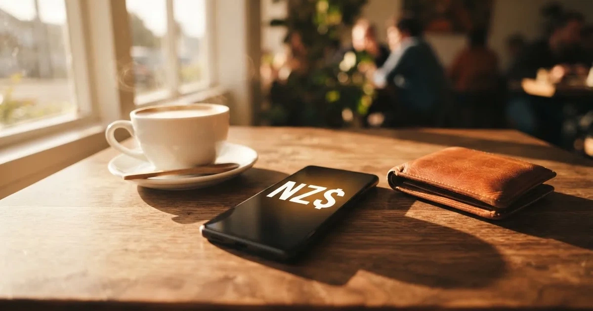 A smartphone on a wooden table beside a wallet and a coffee cup