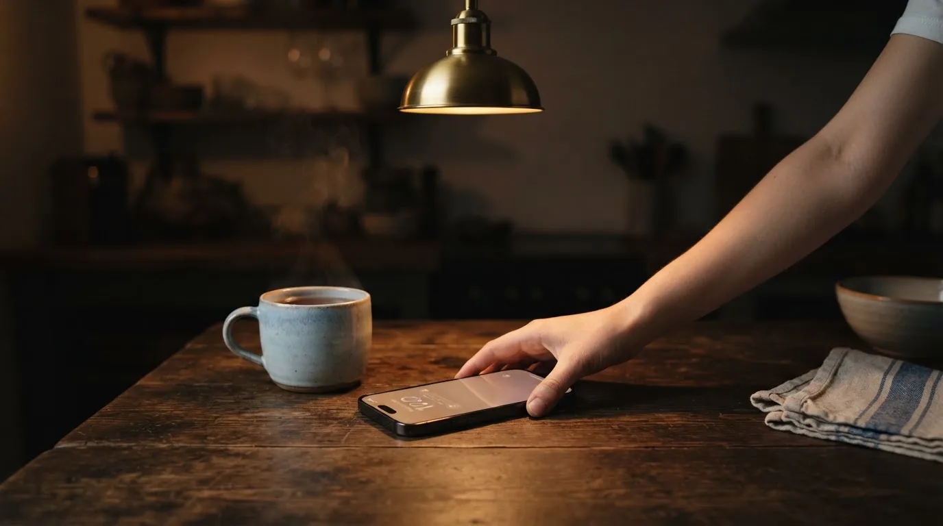 A hand setting a smartphone down beside a cup of tea on a kitchen table on a quiet evening