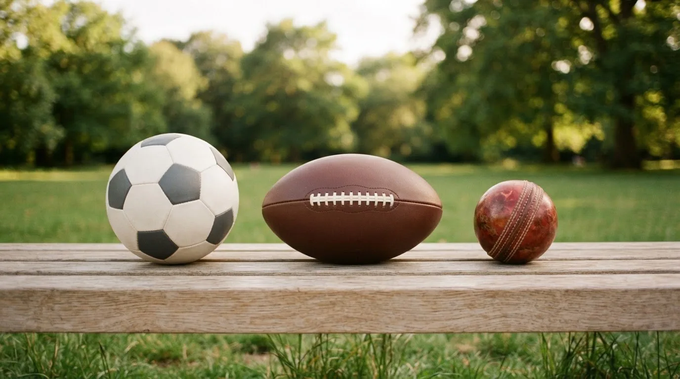 Three balls of different kinds side by side on a wooden bench