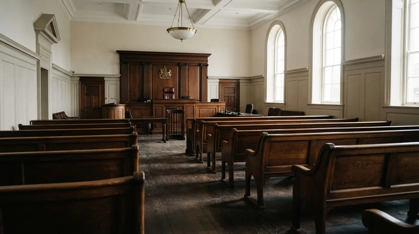An empty courtroom with wooden benches in morning light