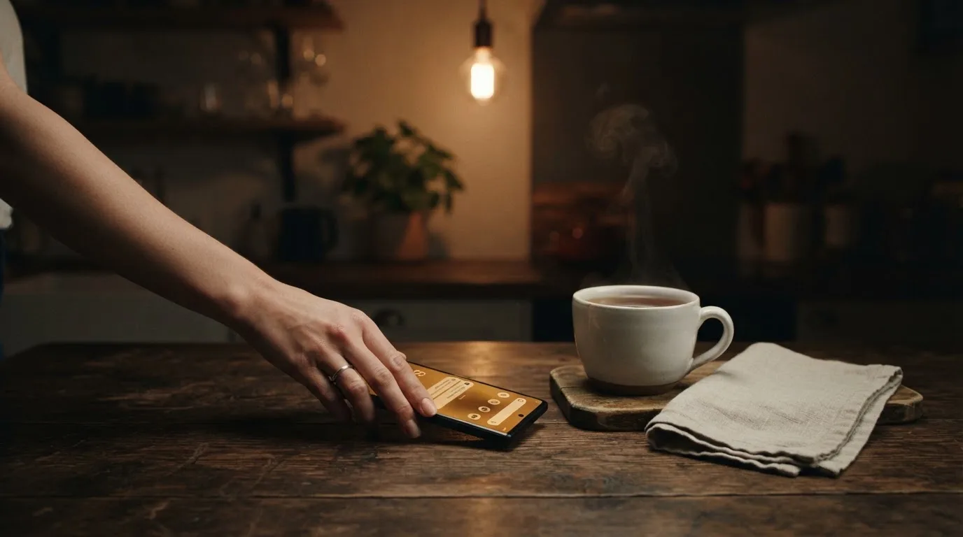 A hand setting a smartphone down beside a cup of tea on a kitchen table on a quiet evening